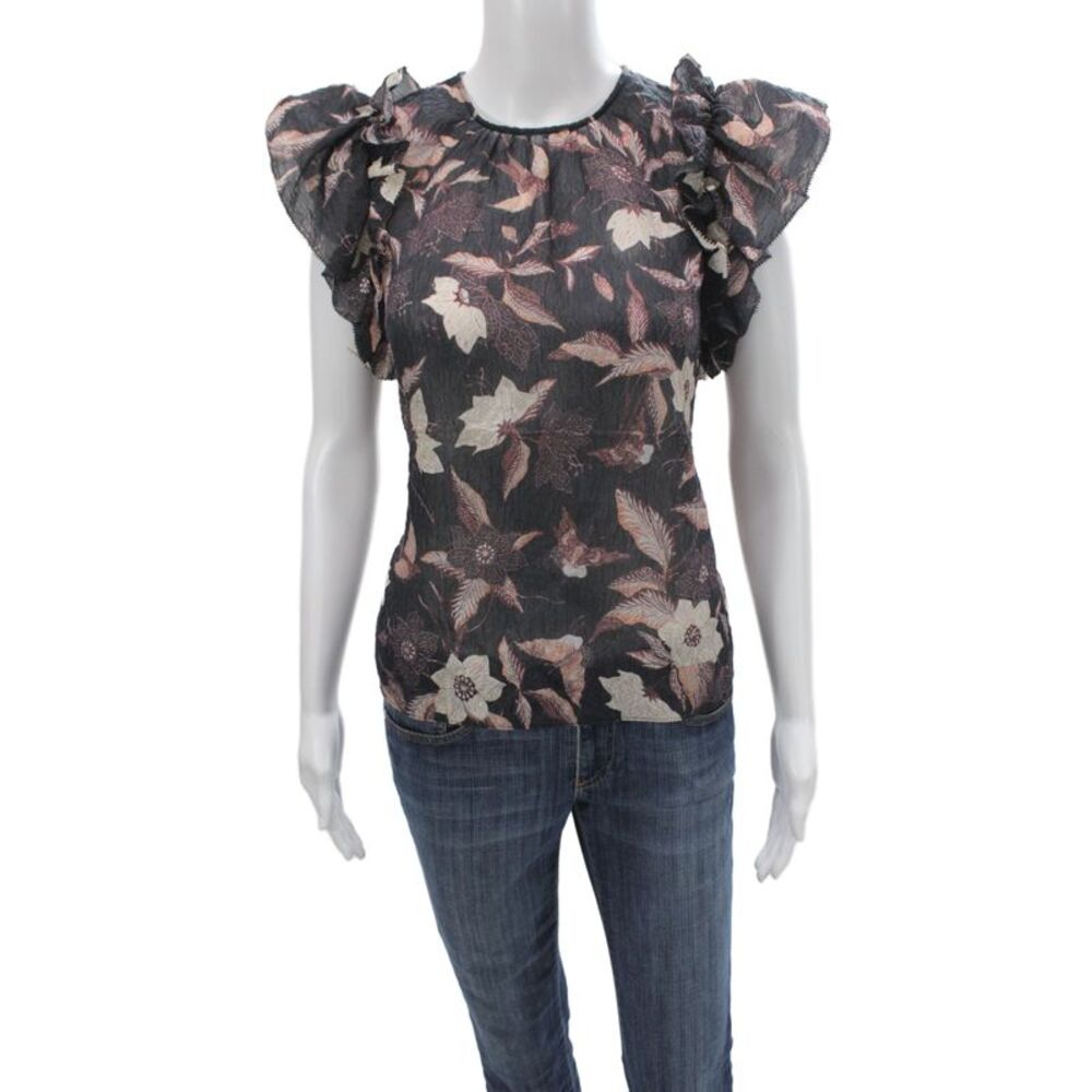 Ulla Johnson Women Blouse Black Floral Sleeveless Crew Neck Silk Blend Size 4